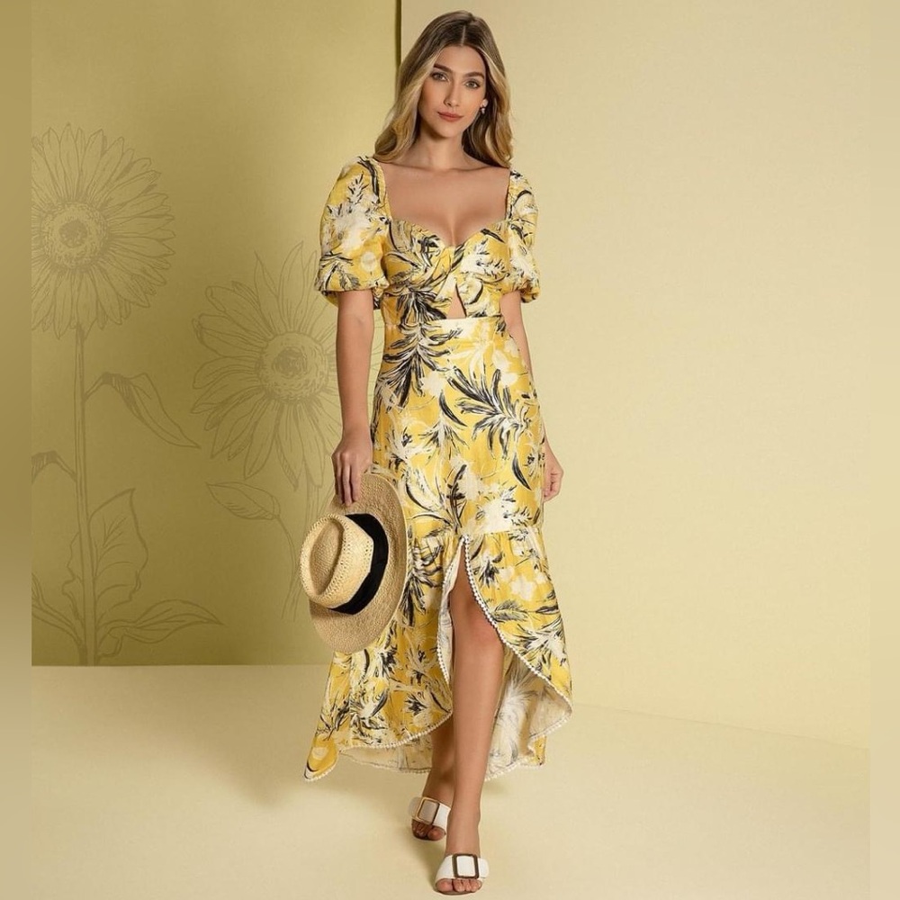 Studio F boho linen open back cut out floral dress size 6